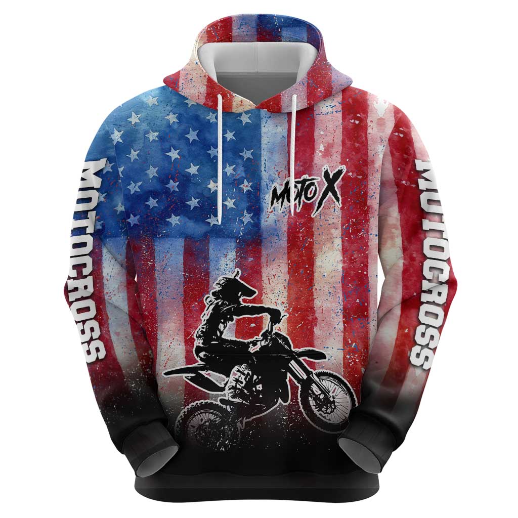 Personalized Motocross Rider Hoodie with Distressed American Flag in Red White Blue Grunge Style - Wonder Print Shop