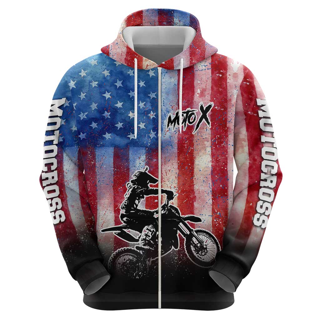 Personalized Motocross Rider Hoodie with Distressed American Flag in Red White Blue Grunge Style - Wonder Print Shop