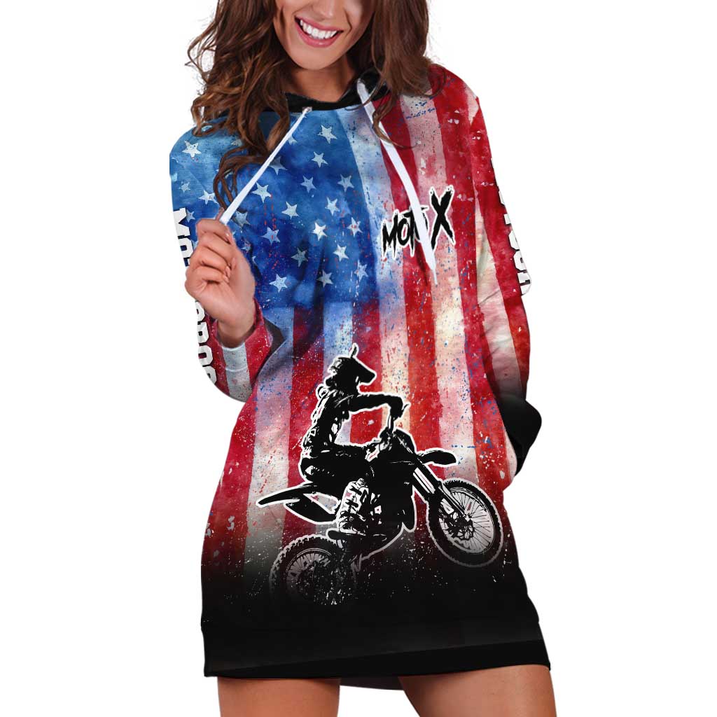 Personalized Motocross Rider Hoodie Dress with Distressed American Flag in Red White Blue Grunge Style - Wonder Print Shop