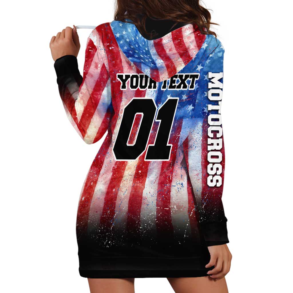 Personalized Motocross Rider Hoodie Dress with Distressed American Flag in Red White Blue Grunge Style - Wonder Print Shop