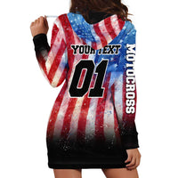 Personalized Motocross Rider Hoodie Dress with Distressed American Flag in Red White Blue Grunge Style - Wonder Print Shop