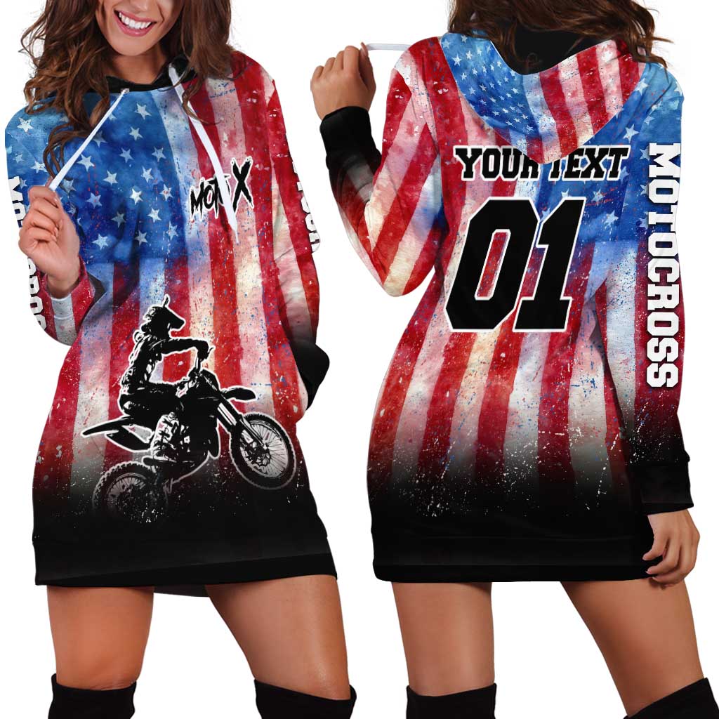 Personalized Motocross Rider Hoodie Dress with Distressed American Flag in Red White Blue Grunge Style - Wonder Print Shop