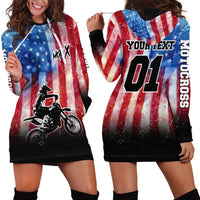 Personalized Motocross Rider Hoodie Dress with Distressed American Flag in Red White Blue Grunge Style - Wonder Print Shop