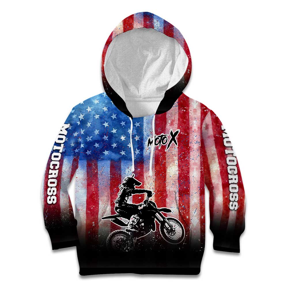 Personalized Motocross Rider Kid Hoodie with Distressed American Flag in Red White Blue Grunge Style - Wonder Print Shop