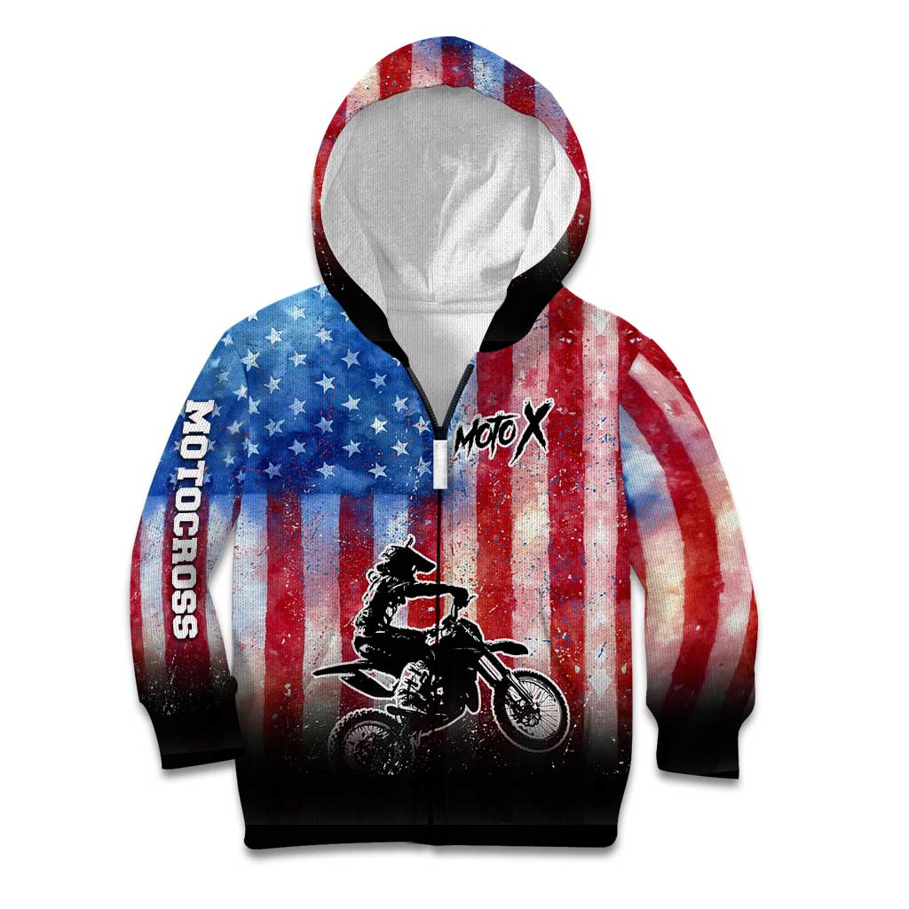 Personalized Motocross Rider Kid Hoodie with Distressed American Flag in Red White Blue Grunge Style - Wonder Print Shop