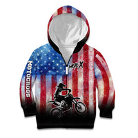 Personalized Motocross Rider Kid Hoodie with Distressed American Flag in Red White Blue Grunge Style - Wonder Print Shop