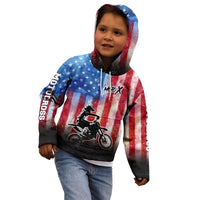 Personalized Motocross Rider Kid Hoodie with Distressed American Flag in Red White Blue Grunge Style - Wonder Print Shop