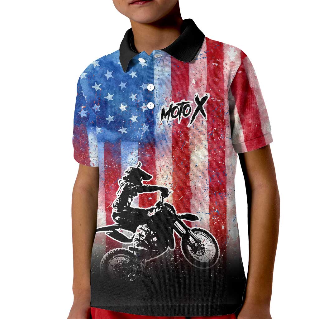 Personalized Motocross Rider Kid Polo Shirt with Distressed American Flag in Red White Blue Grunge Style - Wonder Print Shop