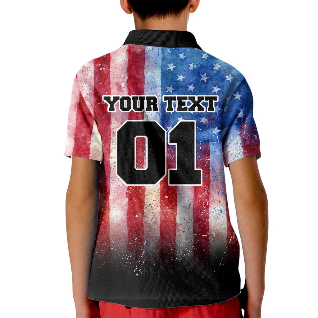 Personalized Motocross Rider Kid Polo Shirt with Distressed American Flag in Red White Blue Grunge Style - Wonder Print Shop
