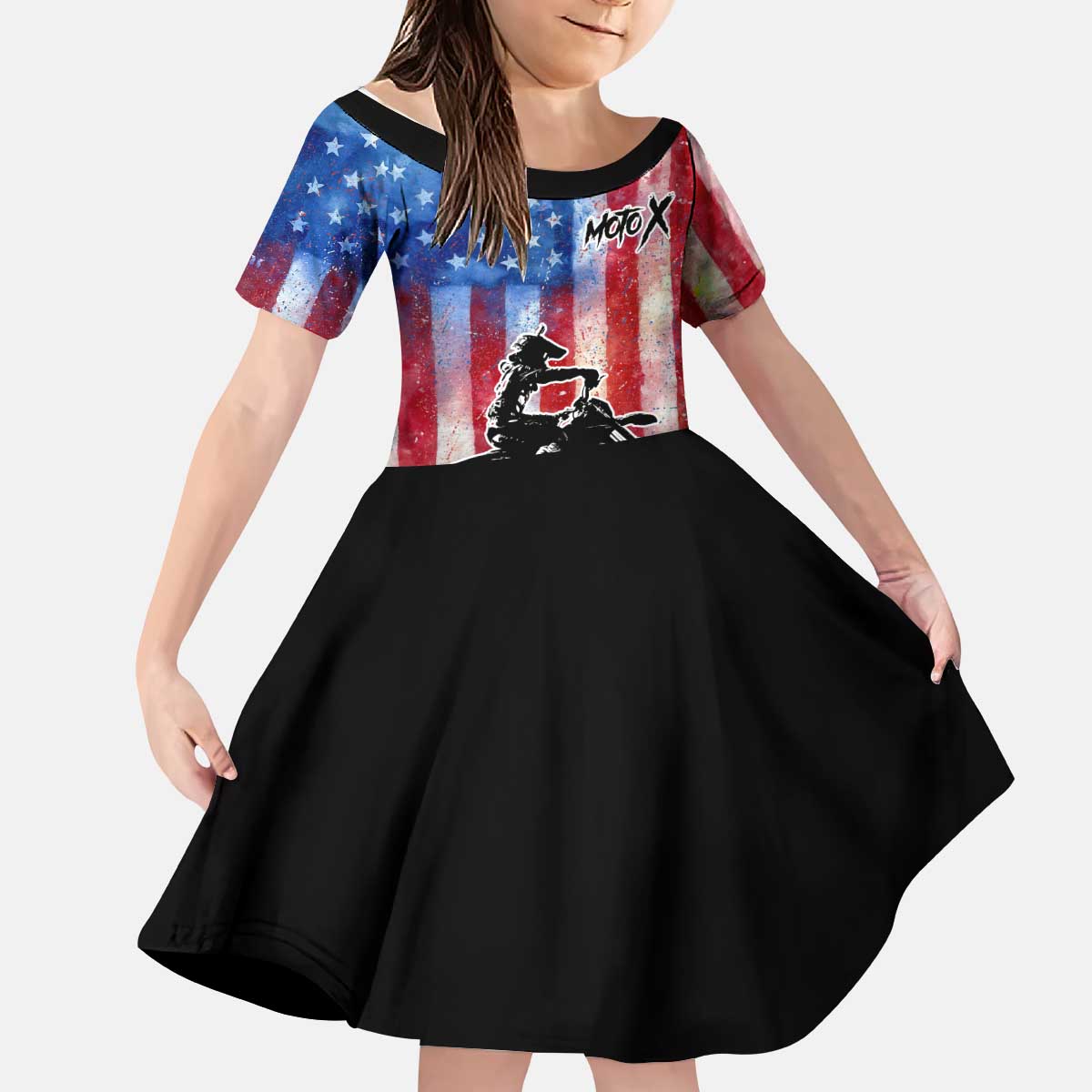 Personalized Motocross Rider Kid Short Sleeve Dress with Distressed American Flag in Red White Blue Grunge Style - Wonder Print Shop