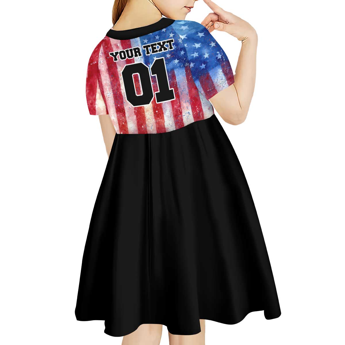 Personalized Motocross Rider Kid Short Sleeve Dress with Distressed American Flag in Red White Blue Grunge Style - Wonder Print Shop