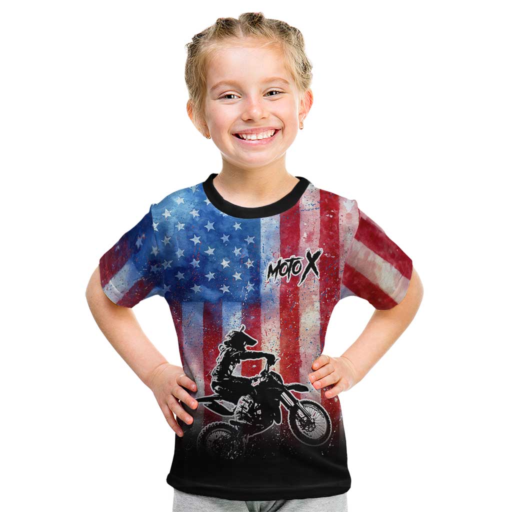 Personalized Motocross Rider Kid T Shirt with Distressed American Flag in Red White Blue Grunge Style - Wonder Print Shop
