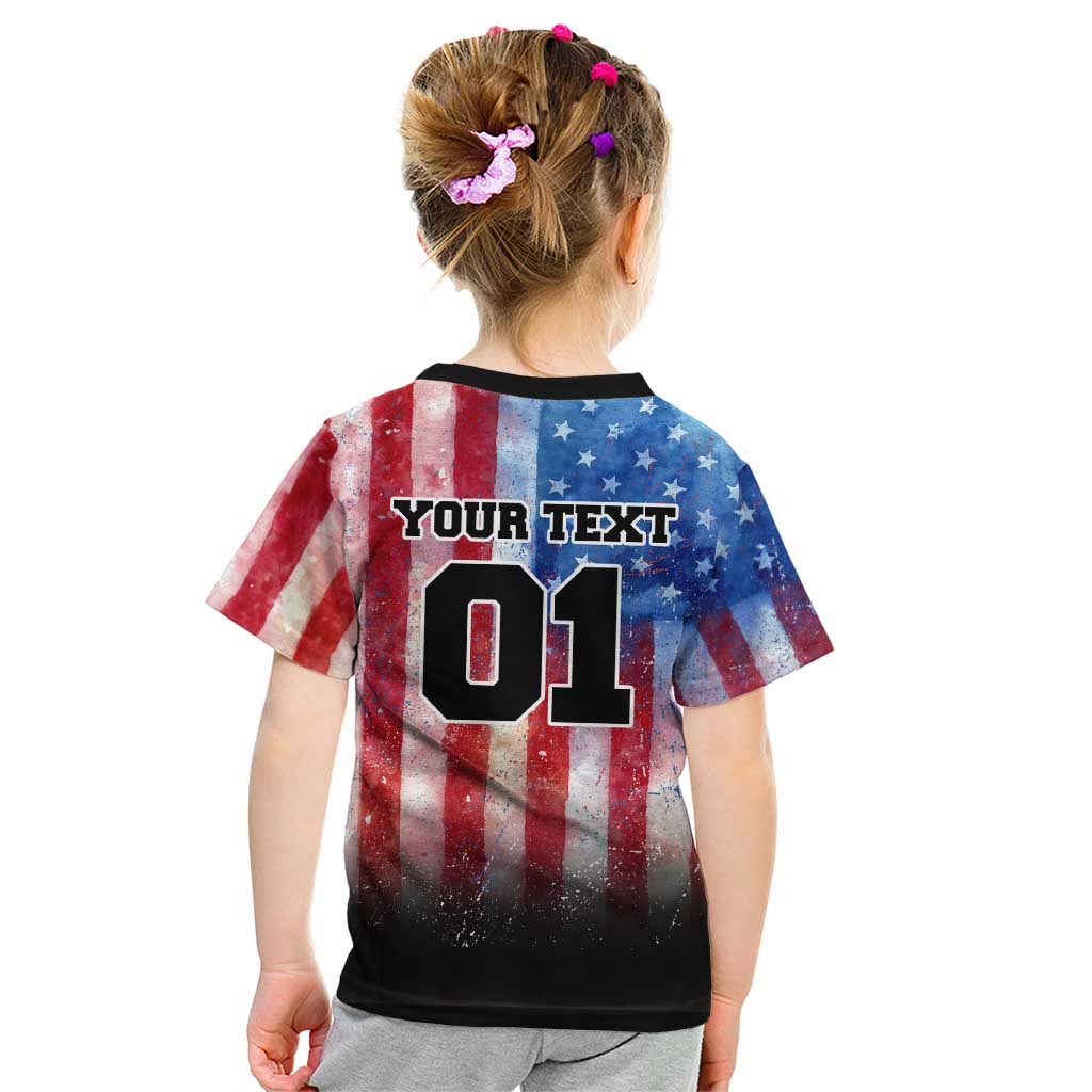 Personalized Motocross Rider Kid T Shirt with Distressed American Flag in Red White Blue Grunge Style - Wonder Print Shop