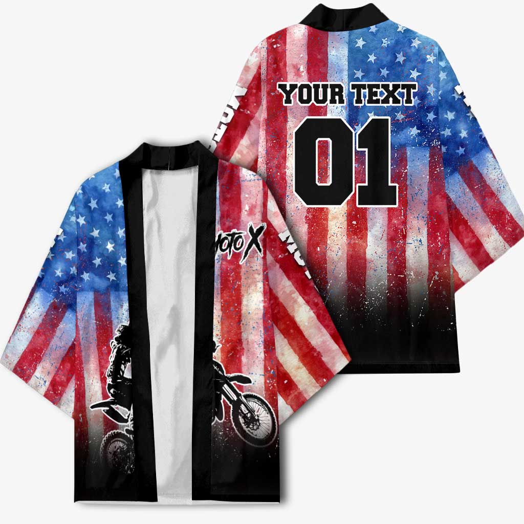 Personalized Motocross Rider Kimono with Distressed American Flag in Red White Blue Grunge Style - Wonder Print Shop