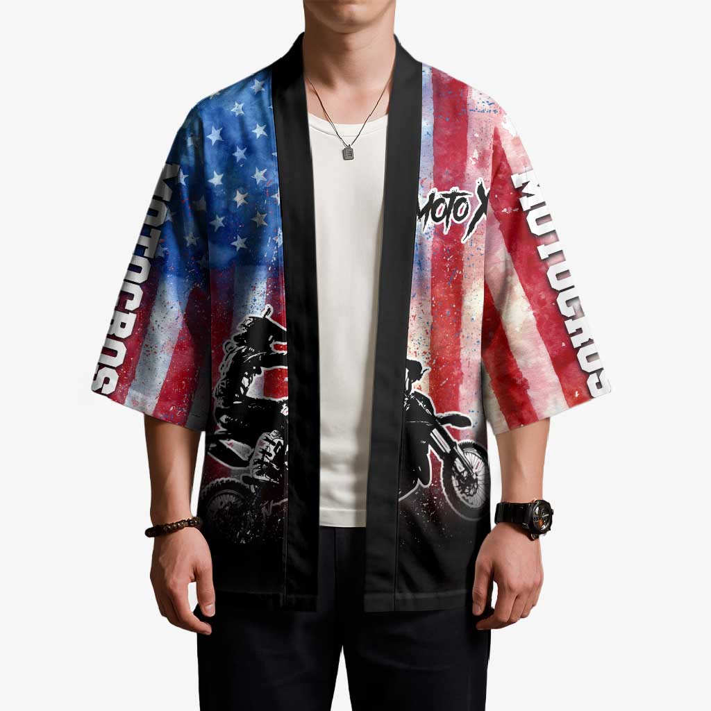 Personalized Motocross Rider Kimono with Distressed American Flag in Red White Blue Grunge Style - Wonder Print Shop