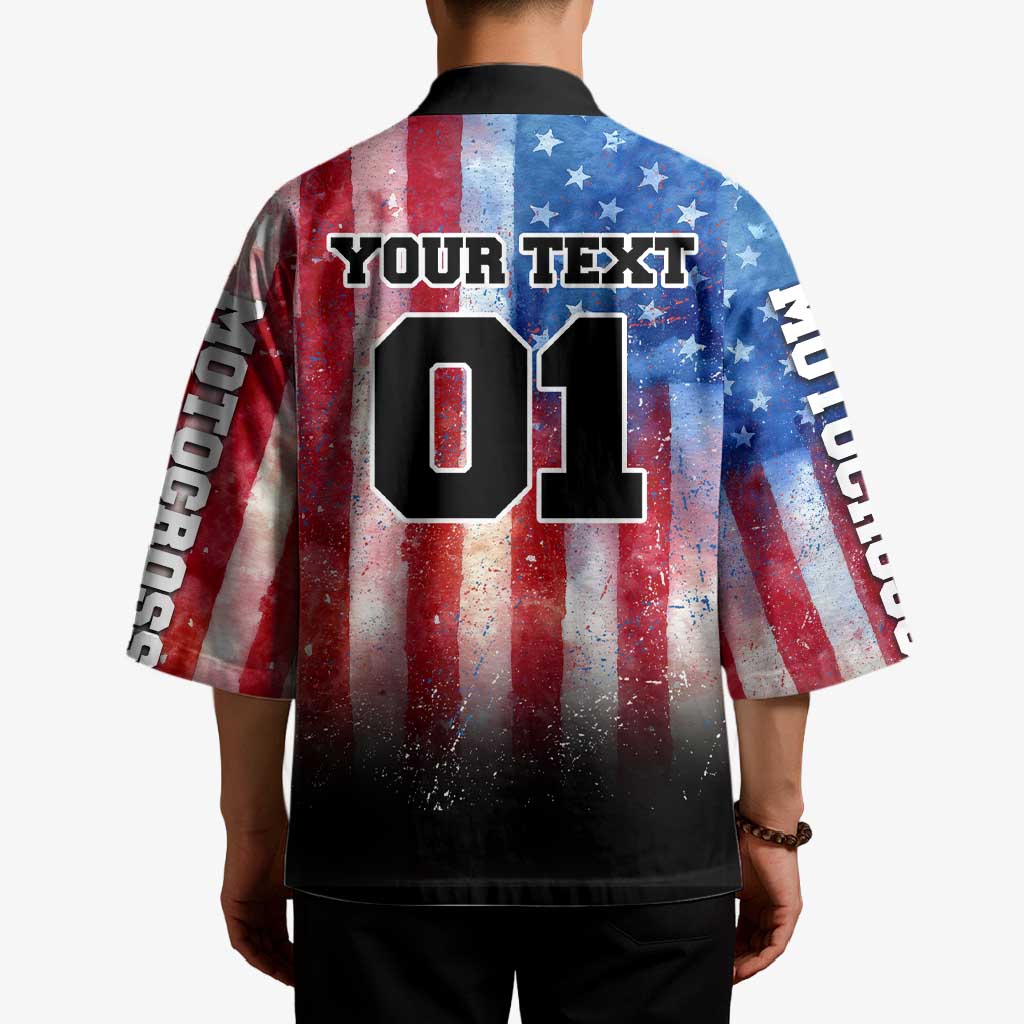 Personalized Motocross Rider Kimono with Distressed American Flag in Red White Blue Grunge Style - Wonder Print Shop