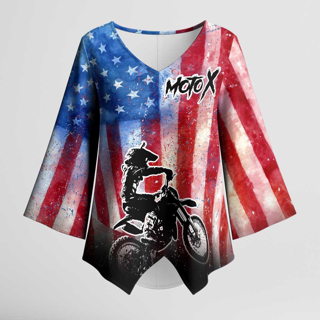Personalized Motocross Rider Kimono Sleeve Blouse with Distressed American Flag in Red White Blue Grunge Style - Wonder Print Shop
