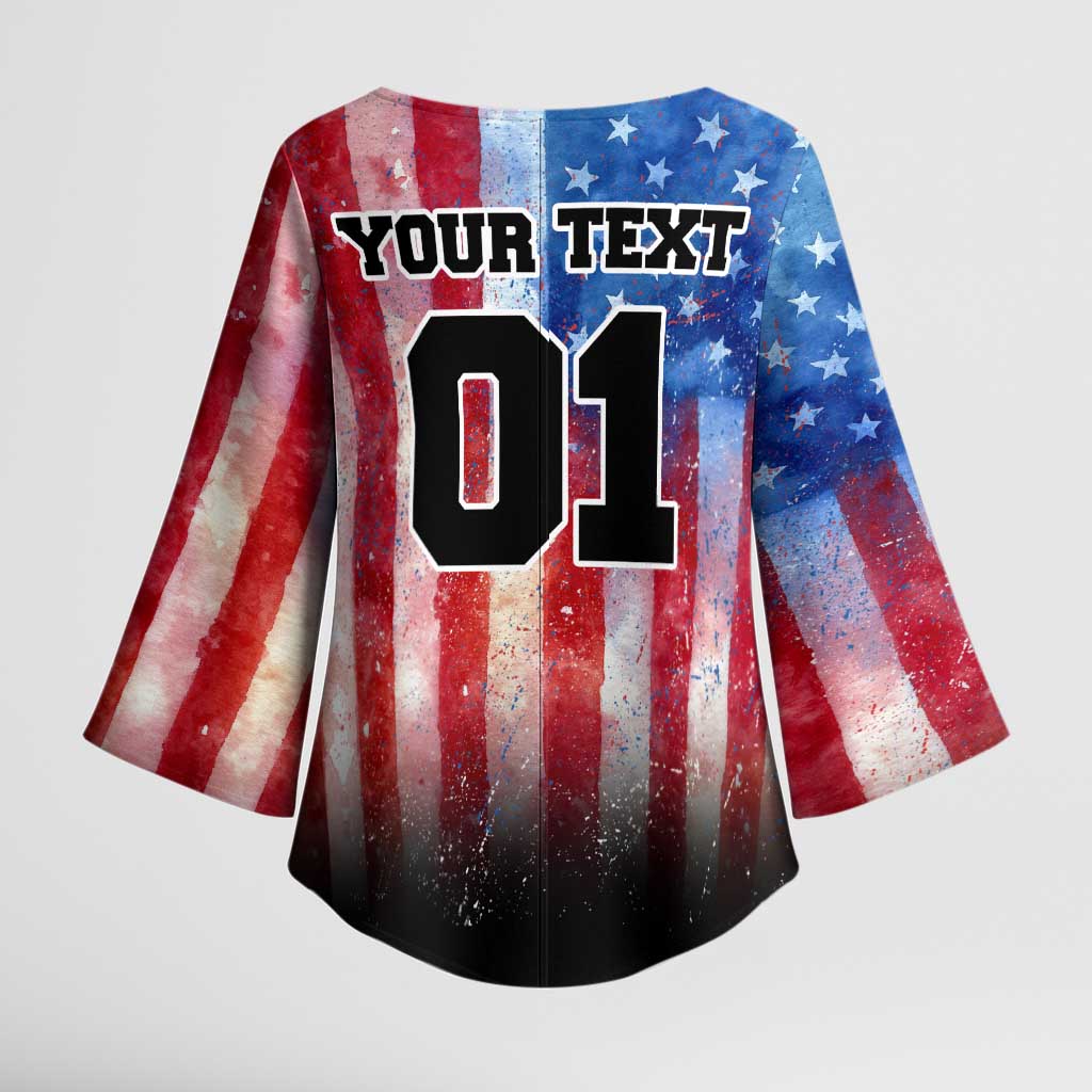 Personalized Motocross Rider Kimono Sleeve Blouse with Distressed American Flag in Red White Blue Grunge Style - Wonder Print Shop