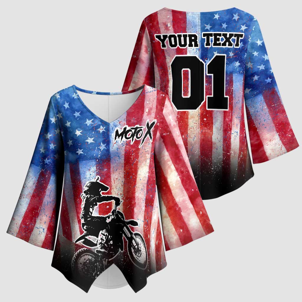 Personalized Motocross Rider Kimono Sleeve Blouse with Distressed American Flag in Red White Blue Grunge Style - Wonder Print Shop