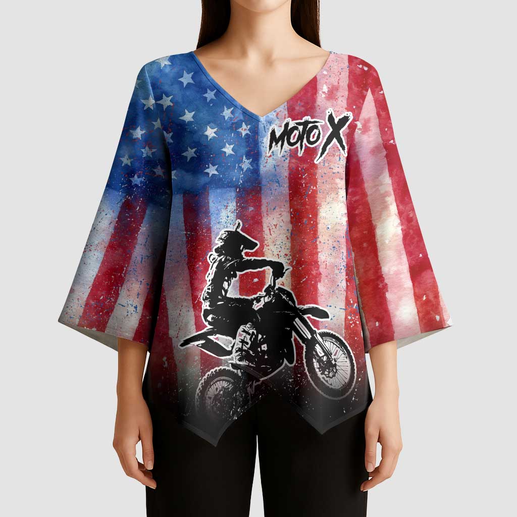 Personalized Motocross Rider Kimono Sleeve Blouse with Distressed American Flag in Red White Blue Grunge Style - Wonder Print Shop