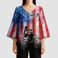 Personalized Motocross Rider Kimono Sleeve Blouse with Distressed American Flag in Red White Blue Grunge Style - Wonder Print Shop