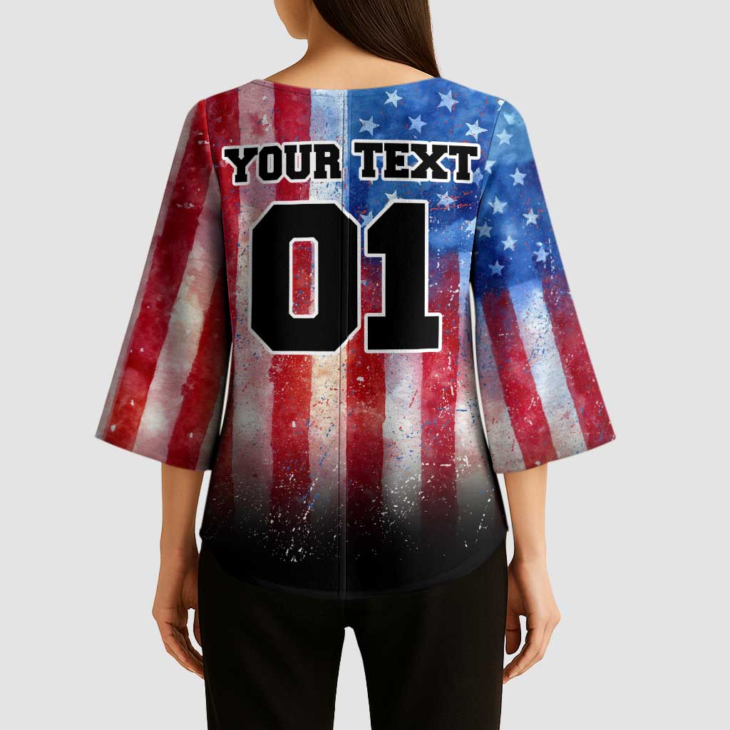 Personalized Motocross Rider Kimono Sleeve Blouse with Distressed American Flag in Red White Blue Grunge Style - Wonder Print Shop
