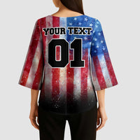 Personalized Motocross Rider Kimono Sleeve Blouse with Distressed American Flag in Red White Blue Grunge Style - Wonder Print Shop