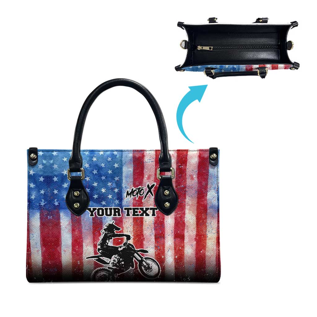Personalized Motocross Rider Leather Bag with Distressed American Flag in Red White Blue Grunge Style - Wonder Print Shop