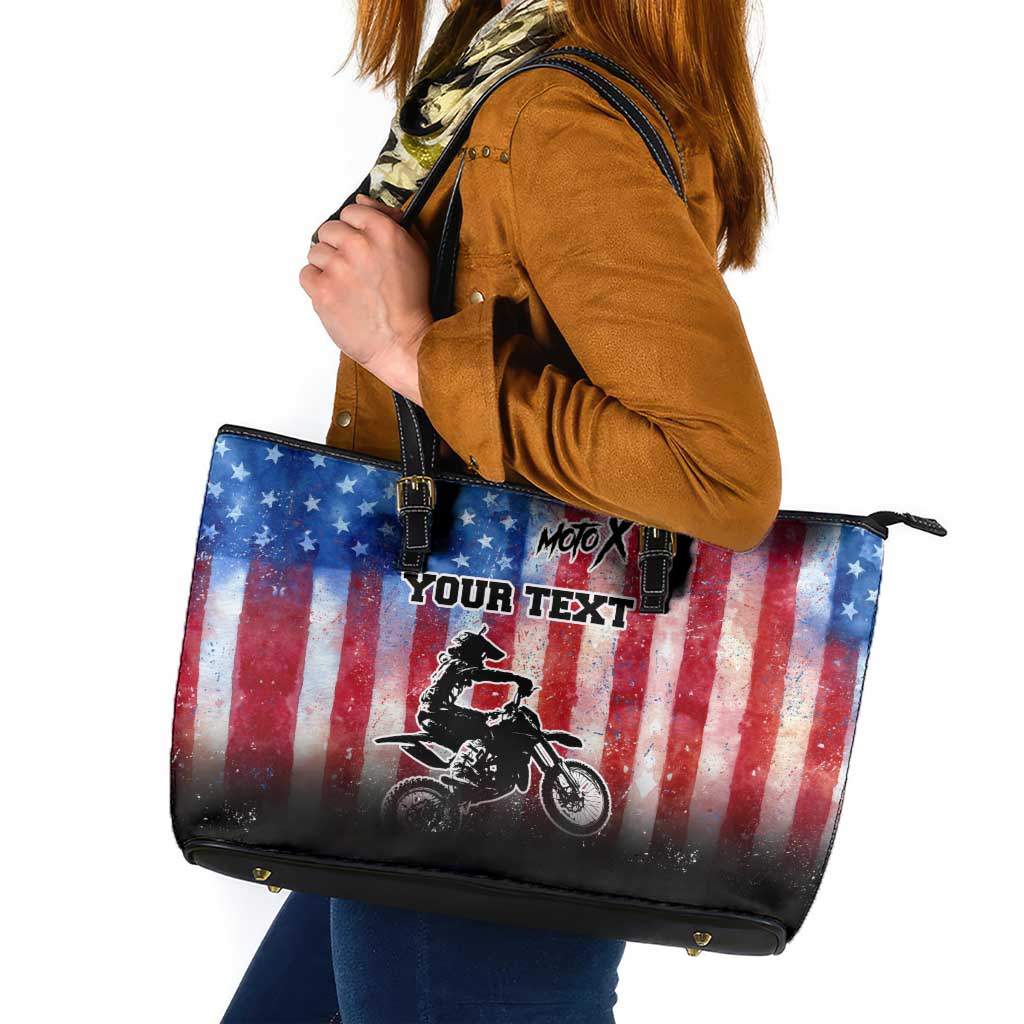 Personalized Motocross Rider Leather Tote Bag with Distressed American Flag in Red White Blue Grunge Style - Wonder Print Shop