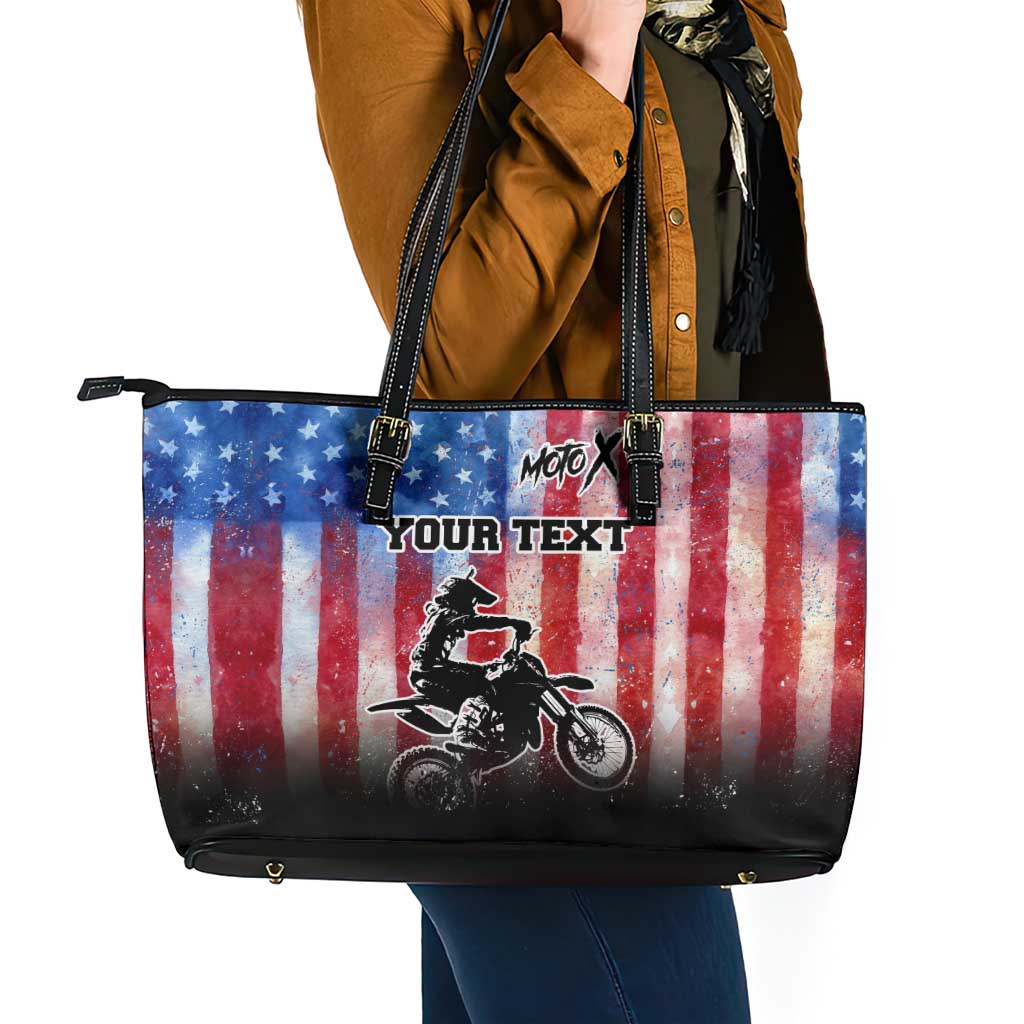 Personalized Motocross Rider Leather Tote Bag with Distressed American Flag in Red White Blue Grunge Style - Wonder Print Shop