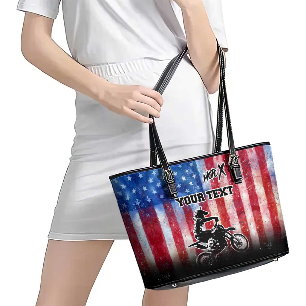 Personalized Motocross Rider Leather Tote Bag with Distressed American Flag in Red White Blue Grunge Style - Wonder Print Shop