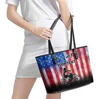 Personalized Motocross Rider Leather Tote Bag with Distressed American Flag in Red White Blue Grunge Style - Wonder Print Shop