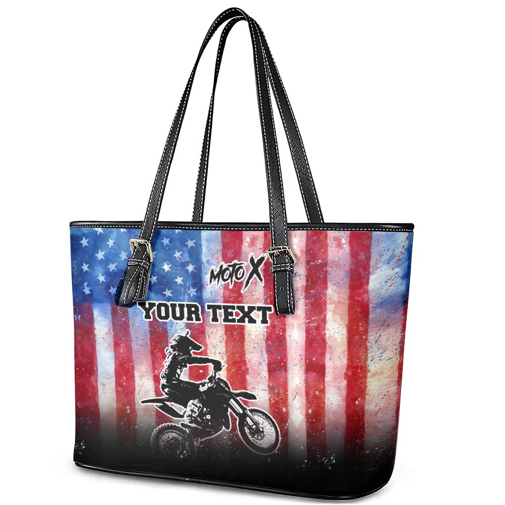 Personalized Motocross Rider Leather Tote Bag with Distressed American Flag in Red White Blue Grunge Style - Wonder Print Shop
