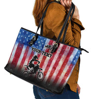 Personalized Motocross Rider Leather Tote Bag with Distressed American Flag in Red White Blue Grunge Style - Wonder Print Shop