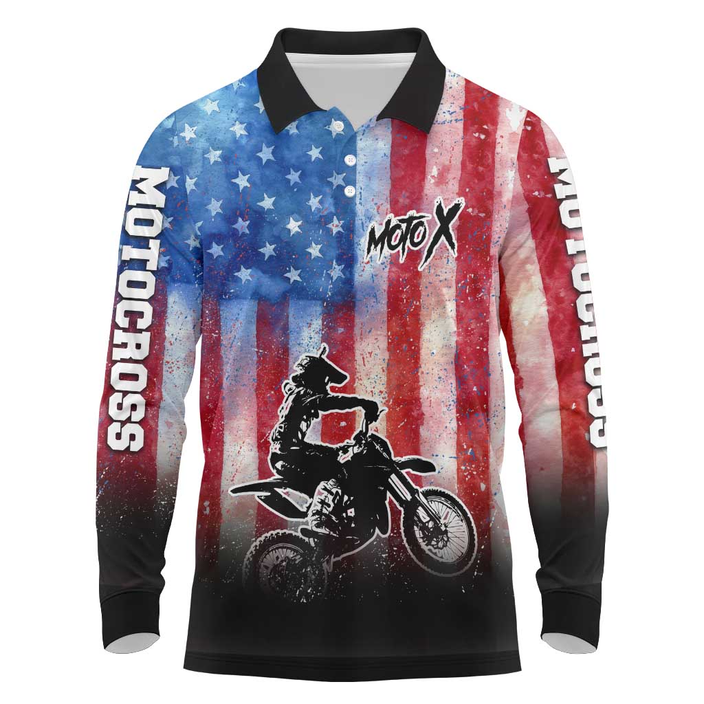 Personalized Motocross Rider Long Sleeve Polo Shirt with Distressed American Flag in Red White Blue Grunge Style - Wonder Print Shop