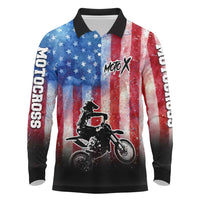 Personalized Motocross Rider Long Sleeve Polo Shirt with Distressed American Flag in Red White Blue Grunge Style - Wonder Print Shop