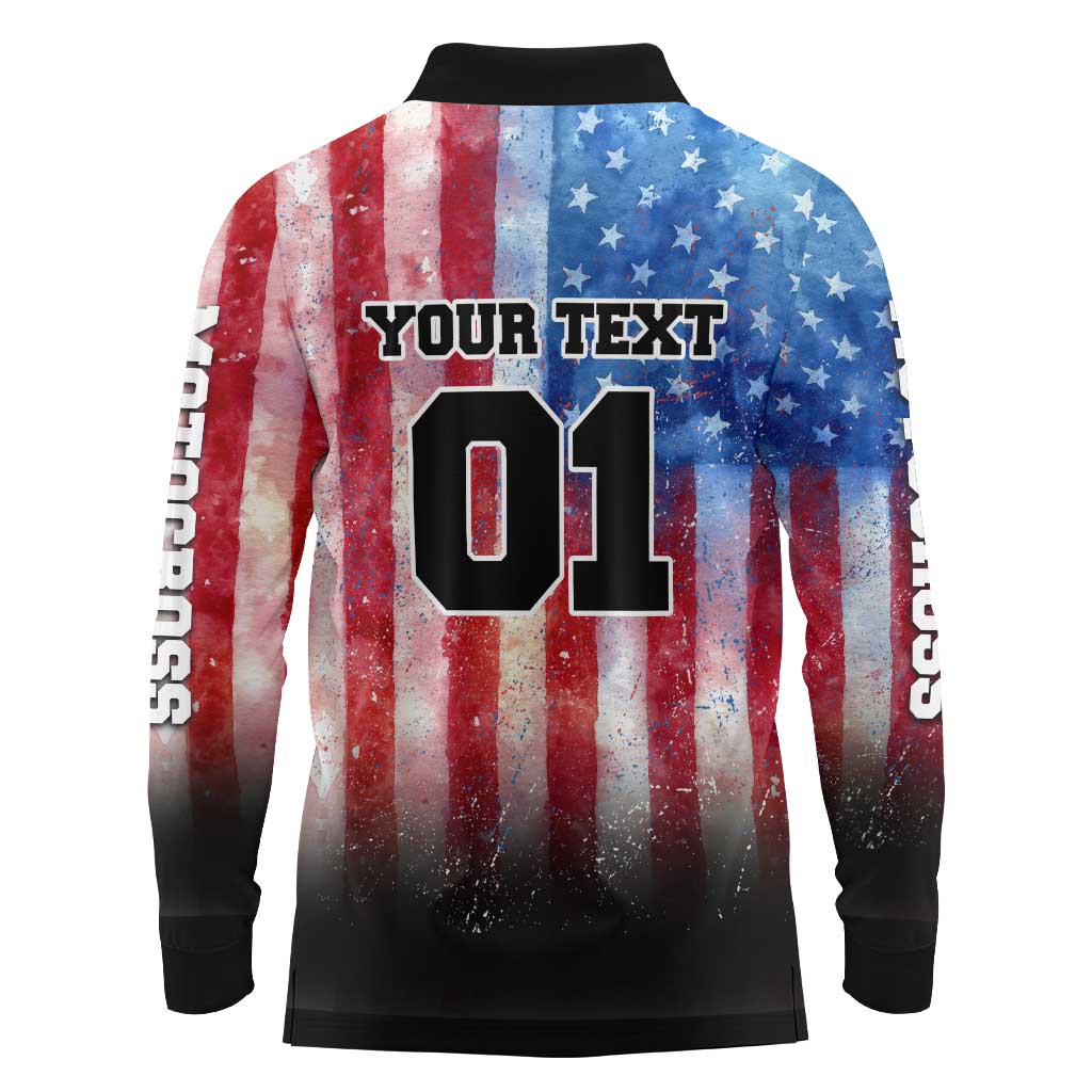 Personalized Motocross Rider Long Sleeve Polo Shirt with Distressed American Flag in Red White Blue Grunge Style - Wonder Print Shop