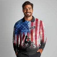 Personalized Motocross Rider Long Sleeve Polo Shirt with Distressed American Flag in Red White Blue Grunge Style - Wonder Print Shop