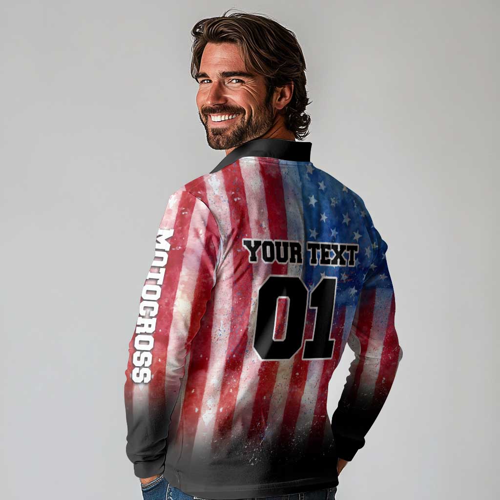 Personalized Motocross Rider Long Sleeve Polo Shirt with Distressed American Flag in Red White Blue Grunge Style - Wonder Print Shop