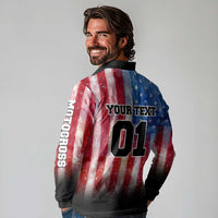 Personalized Motocross Rider Long Sleeve Polo Shirt with Distressed American Flag in Red White Blue Grunge Style - Wonder Print Shop