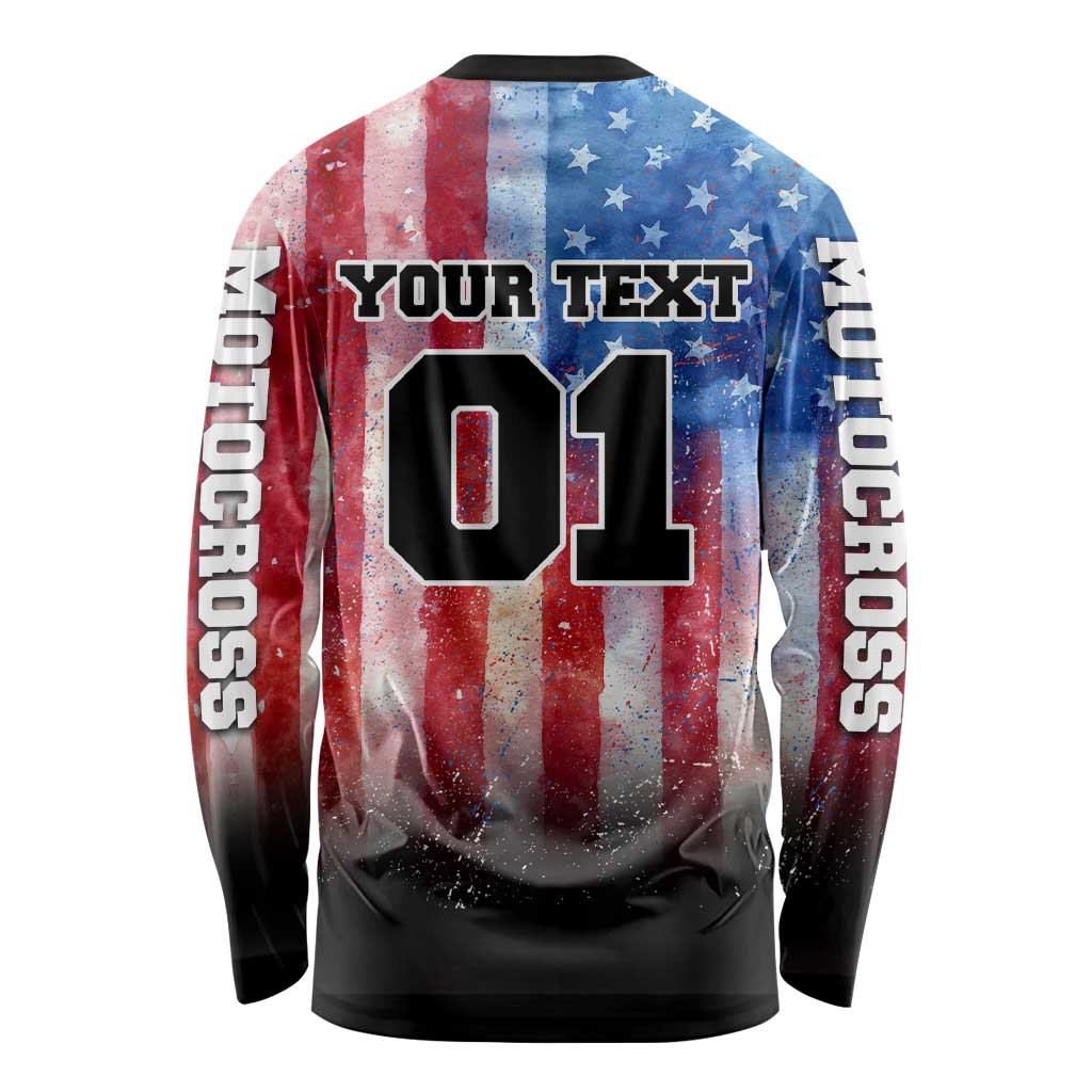 Personalized Motocross Rider Long Sleeve Shirt with Distressed American Flag in Red White Blue Grunge Style - Wonder Print Shop