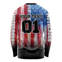 Personalized Motocross Rider Long Sleeve Shirt with Distressed American Flag in Red White Blue Grunge Style - Wonder Print Shop