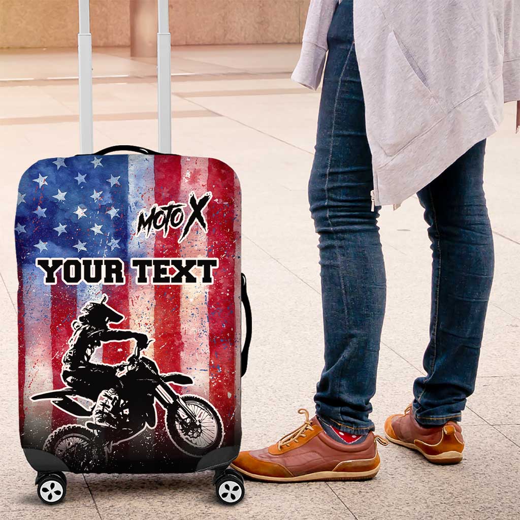 Personalized Motocross Rider Luggage Cover with Distressed American Flag in Red White Blue Grunge Style - Wonder Print Shop