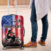 Personalized Motocross Rider Luggage Cover with Distressed American Flag in Red White Blue Grunge Style - Wonder Print Shop