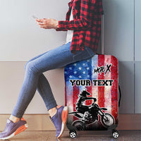 Personalized Motocross Rider Luggage Cover with Distressed American Flag in Red White Blue Grunge Style - Wonder Print Shop