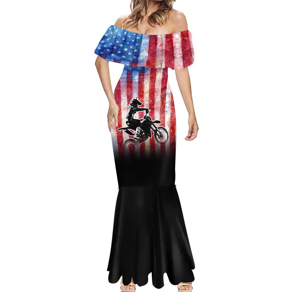 Personalized Motocross Rider Mermaid Dress with Distressed American Flag in Red White Blue Grunge Style - Wonder Print Shop