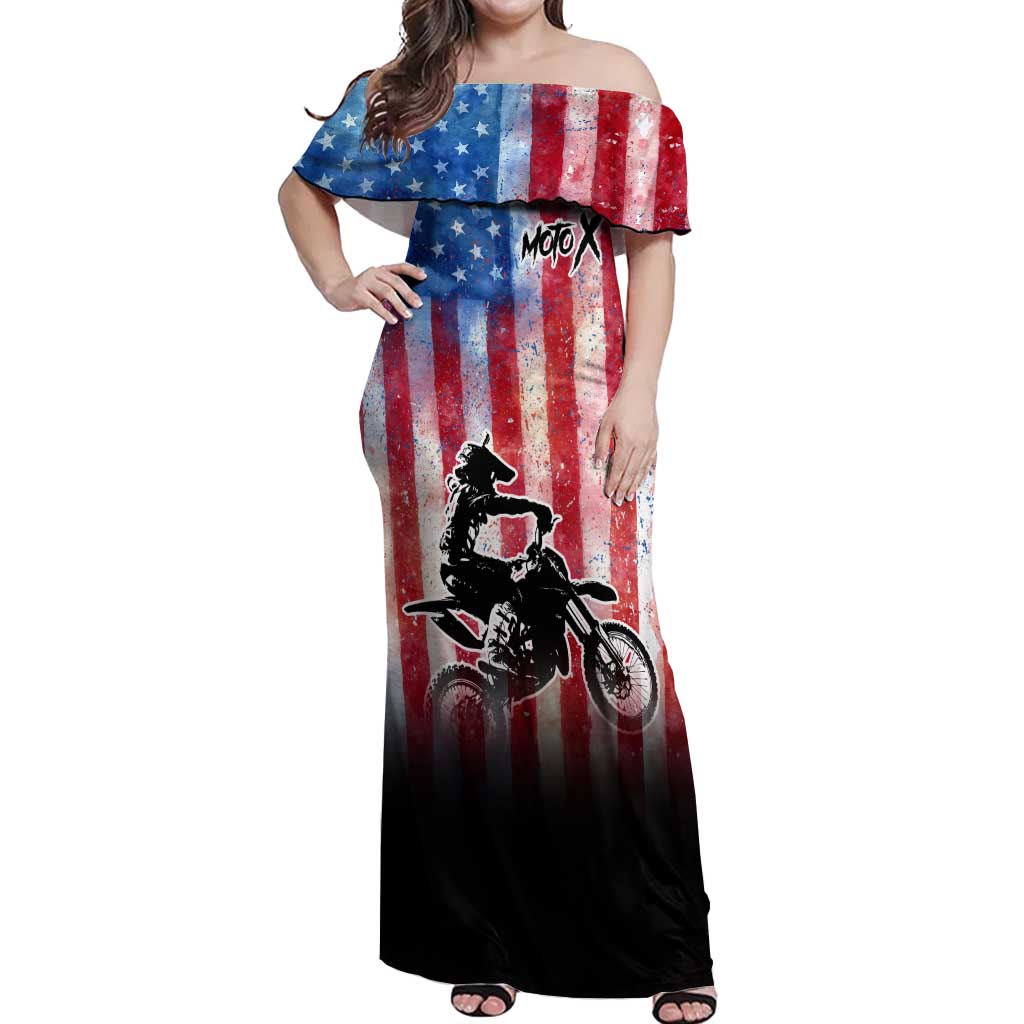 Personalized Motocross Rider Off Shoulder Maxi Dress with Distressed American Flag in Red White Blue Grunge Style - Wonder Print Shop