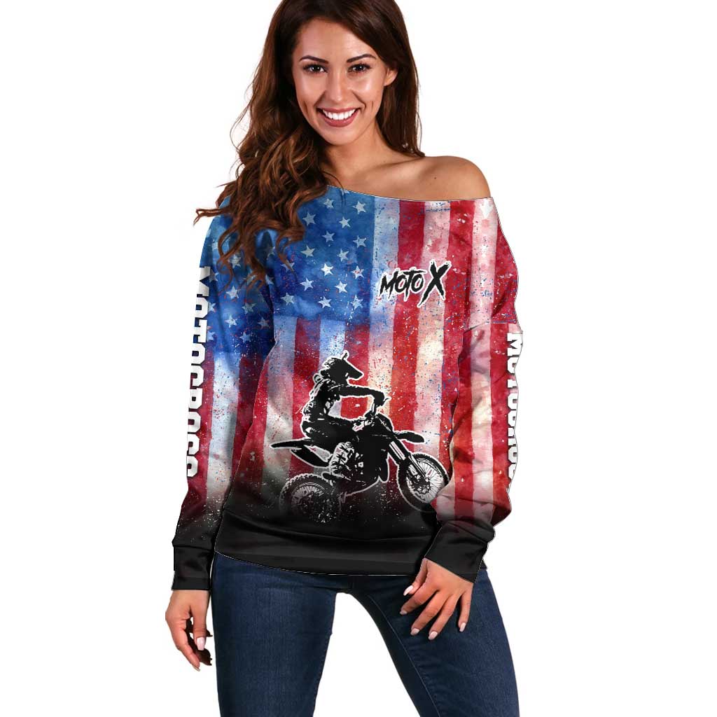 Personalized Motocross Rider Off Shoulder Sweater with Distressed American Flag in Red White Blue Grunge Style - Wonder Print Shop