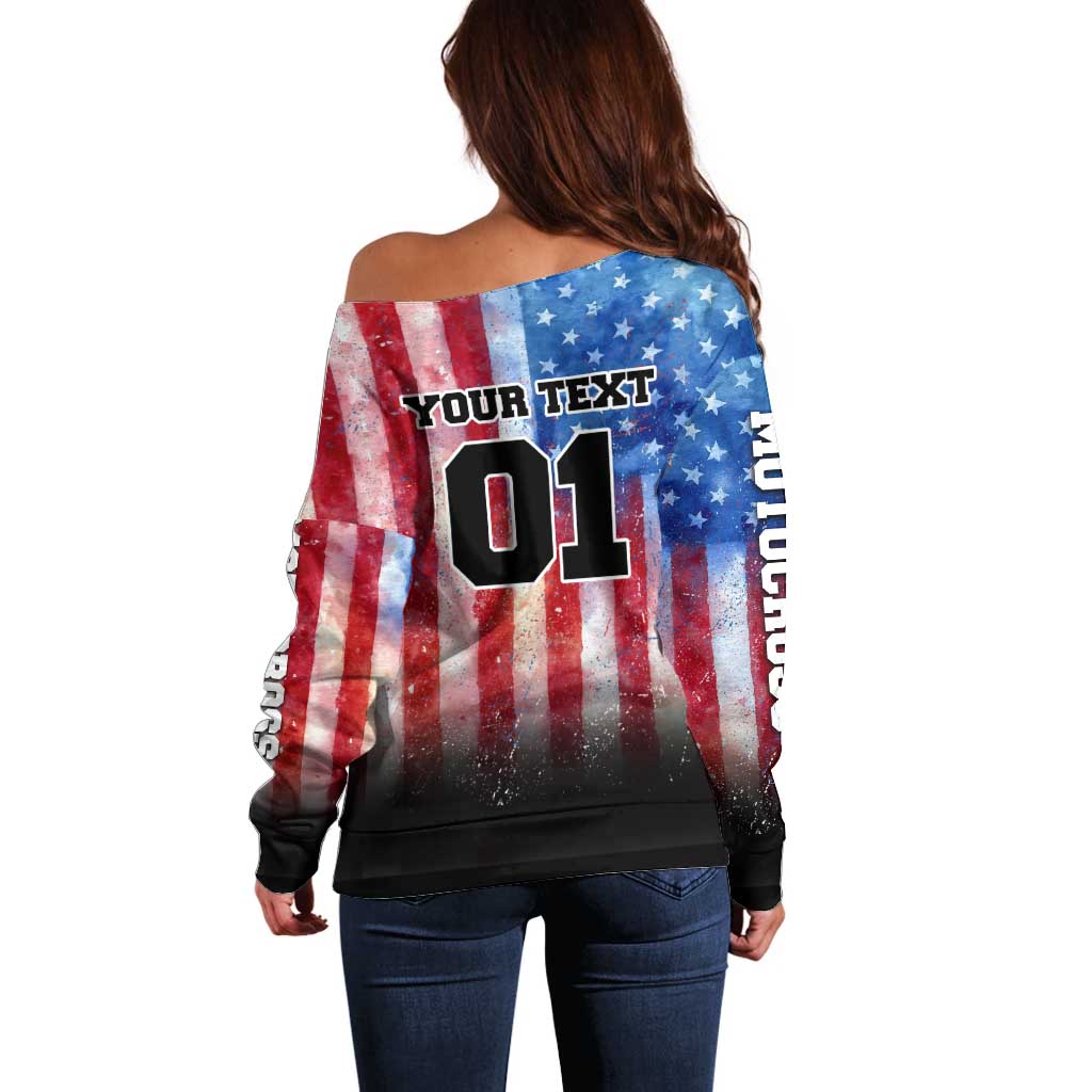 Personalized Motocross Rider Off Shoulder Sweater with Distressed American Flag in Red White Blue Grunge Style - Wonder Print Shop