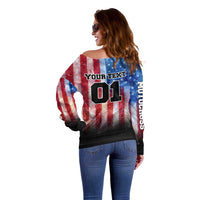 Personalized Motocross Rider Off Shoulder Sweater with Distressed American Flag in Red White Blue Grunge Style - Wonder Print Shop